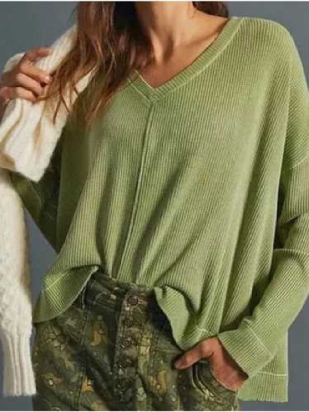 Nwot Pilcro Olive Green Ribbed V-Neck Sweater